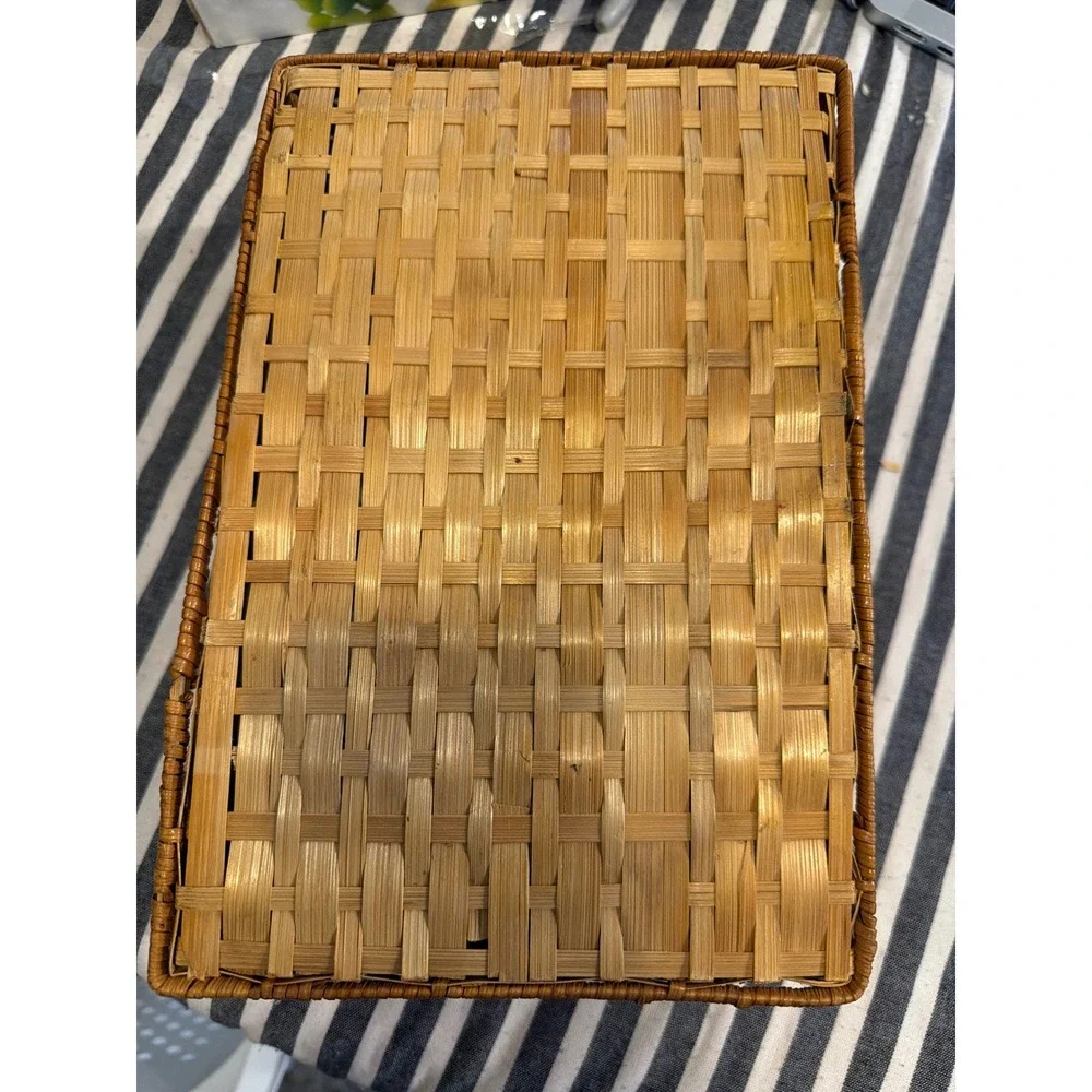 Vintage Style Woven Wicker Picnic Basket Rectangular Two Tone Wood Splint Tote